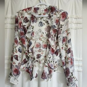Floral Ruffle Open Semi-Sheer Blouse.